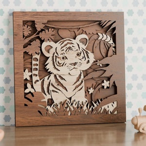 Oeuvre d'art laser multicouche tigre mignon SVG mandela - fichier de découpe 3D vectoriel en couches pour découpe laser, Glowforge, dxf, svg et décoloration