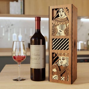 Drewniane pudełko na wino - motyw kart do gry - 3D warstwowy plik wektorowy do cięcia laserowego, Glowforge, dxf, svg i lightburn Pudełko na prezent