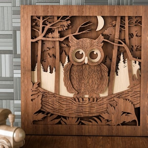 Oeuvre d'art laser multicouche hibou mignon mandela SVG - fichier de découpe 3D vectoriel en couches pour découpe laser, Glowforge, dxf, svg et décoloration