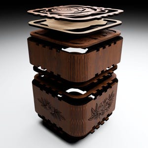 May include: A wooden box with a rose design on the top and a floral design on the side. The box is made of multiple layers of wood and is assembled in a way that allows it to be opened and closed.