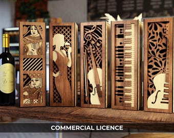 Wooden wine bottle gift box bundle - Commercial Licence - 5 x 3D Layered Vector cutting files for Laser cut, Glowforge, svg, lightburn