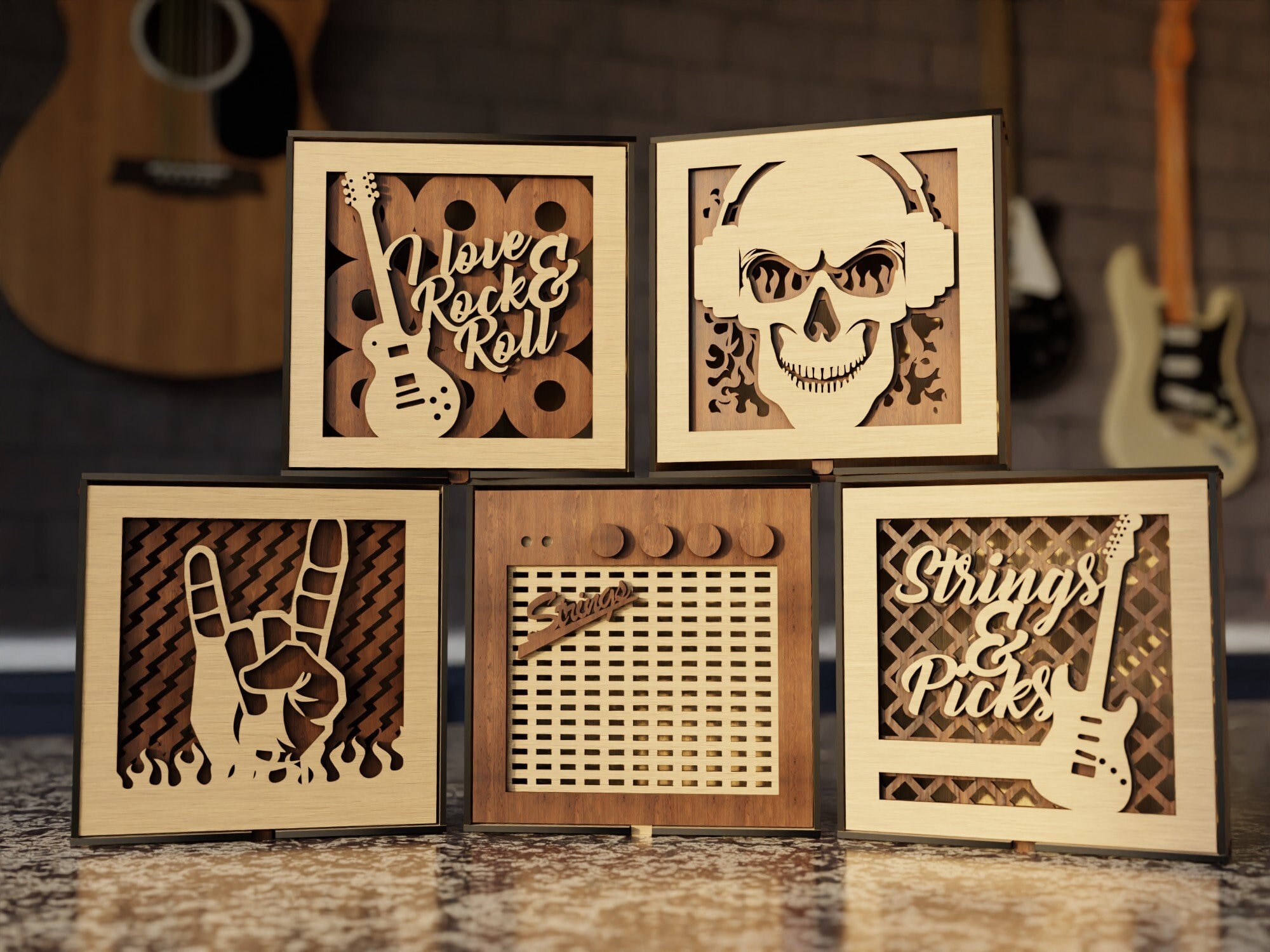 Mini Guitarra De Madera 10 Cm – Modelo Decorativo Con Soporte Y Caja, Artesanía Musical Para Hogar O Regalo
