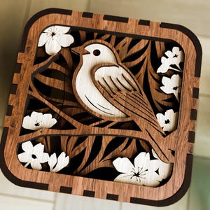 ジュエリー、メイクアップ、チョコレートのギフトボックス - 桜の鳥 - レーザーカット、Glowforge、dxf、svg、lightburn 用の 3D レイヤー ベクター カッティング ファイル