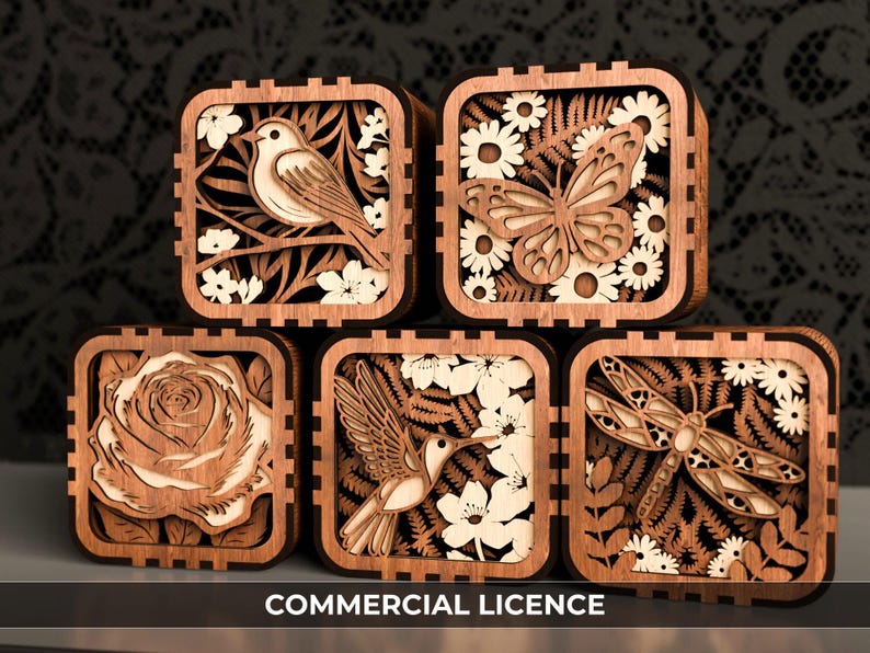 May include: Five wooden boxes with intricate laser cut designs featuring a hummingbird, butterfly, dragonfly, rose, and a bird. Each box has a light brown wood finish and a white background.