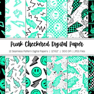 Checkered Seamless Pattern Digital Paper / Checkered Pattern / Lightning Bolt Pattern / Punk Pattern / Seamless Pattern / Smiley Pattern /