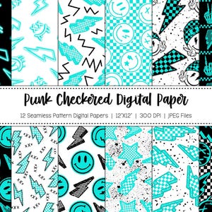 Checkered Seamless Pattern Digital Paper / Checkered Pattern / Lightning Bolt Pattern / Punk Pattern / Seamless Pattern / Smiley Pattern /