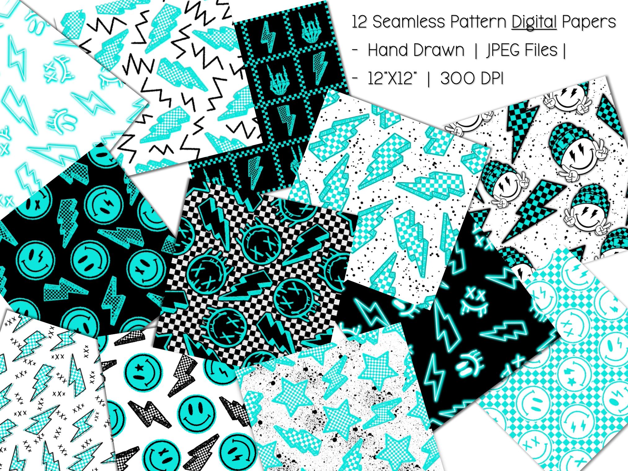 Checkered Lightning Bolt Digital Paper: Punk Seamless Pattern (12x12 ...