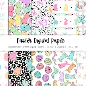 May include: A set of 10 digital papers featuring various Easter-themed patterns. The patterns include bunnies, eggs, and pastel colours. The papers are 12 inches by 12 inches and 300 DPI.