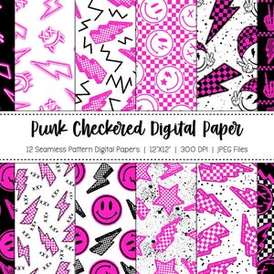 Checkered Seamless Pattern Digital Paper / Checkered Pattern / Lightning Bolt Pattern / Punk Pattern / Seamless Pattern / Smiley Pattern /