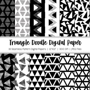 May include: A set of 16 digital papers featuring black and white triangle doodle patterns. The papers are 12 inches by 12 inches and 300 DPI.  "Triangle Doodle Digital Paper" and "16 Seamless Pattern Digital Papers | 12"X12" | 300 DPI | JPEG Files" are written on a white banner.