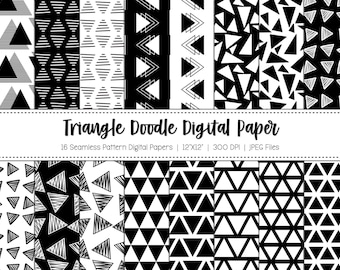 Triangle Doodle Digital Paper: 16 Black and White Seamless Patterns (Digital Download)