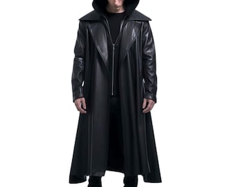 Genuine Black Steampunk Coat | Handmade Cow Leather Men's Hooded Long Coat | Black Leather Hooded Coat