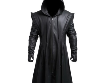 Manteau long à capuche en cuir véritable pour hommes, manteau à capuche en cuir fait main, style steampunk noir