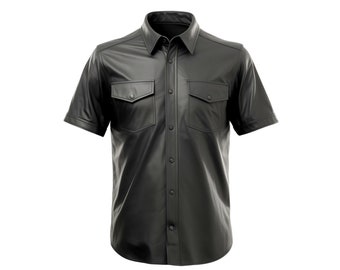 Genuine Leather Men's Shirt, Handmade Half Sleeve Black Leather Police Shirt, Slim Collared Shirt