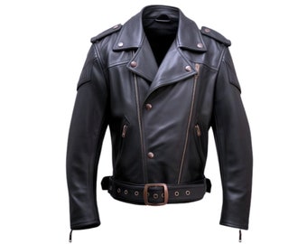 Handmade Black Leather Motorcycle Jacket - Genuine Biker Jacket for Men