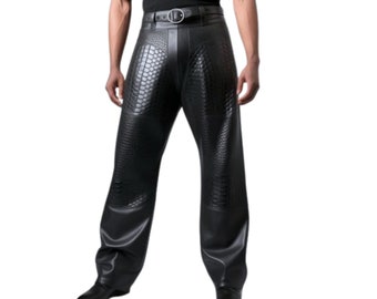 Handgefertigte Lederhose für Herren, Echtlederhose mit Reptilienstruktur, lockere Lederhose