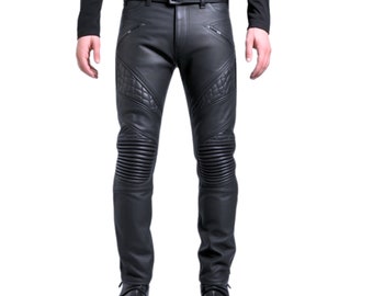 Pantalon en cuir noir véritable, pantalon pour homme en cuir fait main, pantalon slim en cuir