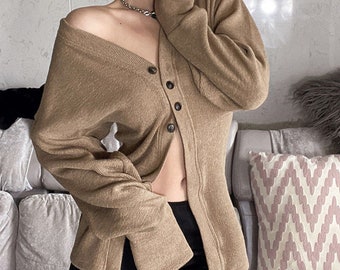 Loose Casual Solid Color Wild Commuter V-Neck Mid-Length Single-Breasted Long-Sleeved Women's Knitted Jacket