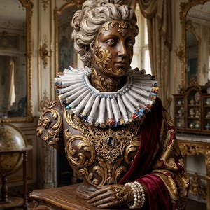 Könnte beinhalten: Eine dekorative Büste einer dunkel getönten Figur mit filigranen Goldverzierungen im Gesicht, die einen weißen, gefalteten Halskrausenkragen mit Perlenakzenten, einen dunkelroten Samtumhang und ein mehrreihiges Perlenarmband trägt.