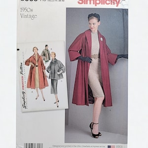 Könnte beinhalten: Ein Vintage-Simplicity-Schnittmuster aus den 1950er Jahren. Das Muster zeigt eine Frau in einem roten Mantel und Kleid. Die Musternummer ist 8509 und die Größe ist EUR 32-40. Das Simplicity-Logo ist sichtbar.