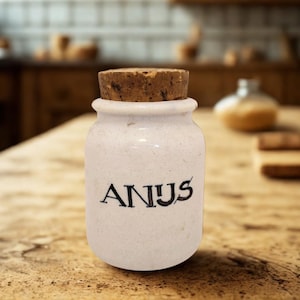 Op de afbeelding: Een kleine, gebroken witte keramische pot met een kurken stopper. Het woord "ANUS" is in zwarte, gestileerde letters op de voorkant van de pot gedrukt. De pot staat op een houten oppervlak.