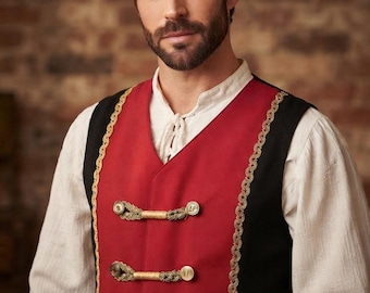 Rote und schwarze Zirkusweste für Herren | Zirkusdirektorenweste | Goldgeflochtene Cosplay-Weste | Zirkuskostüm | Handgefertigte Statement-Strickjacke