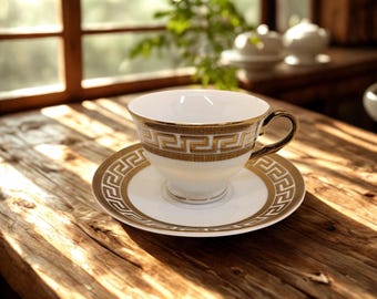 Yamasen Gold Porcelain Cup and Saucer – 24K Gold Meander Design – Vintage Luxury Tea Set – Greek Key Style – Elegant Japan Tableware