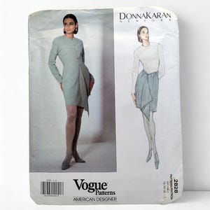 May include: A vintage Vogue Patterns sewing pattern featuring designs by Donna Karan New York. The pattern includes illustrations of a dress and skirt ensemble. The pattern is labeled "American Designer" and includes size information.