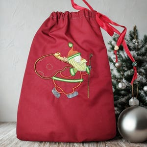 Reusable Red Christmas Gift Bag | Embroidered Santa Claus Cotton Pouch | Handmade Eco-Friendly Wrapping for Children's Gifts