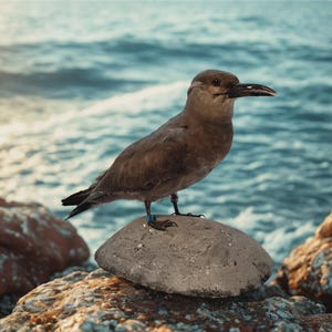 Peut inclure: Un oiseau de mer brun avec un bec pointu foncé et une petite bague bleue sur la patte, posé sur un rocher gris lisse et arrondi. L'oiseau a des yeux sombres et un plumage passant d'un brun clair sur la poitrine à des tons plus foncés.
