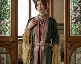 Art Nouveau Velvet Organza Gown Set – Couture Fantasy Robe with Gold Statement Hat & Necklace, One of a Kind Luxury, Artisan Wear