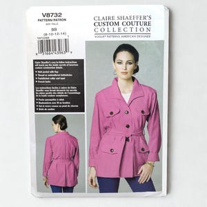 May include: A pattern for a pink jacket from Claire Shaeffer's Custom Couture Collection. The pattern includes images of the jacket, featuring a belted waist, flap pockets, and button details. The pattern size is BB (8-10-12-14).