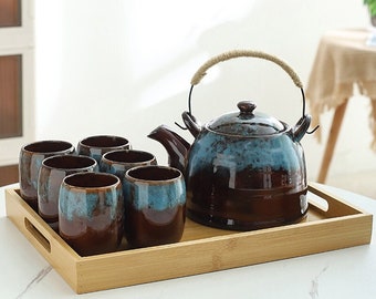 Keramik Henkel Teekessel|Keramik Tee Set|Keramik Teeset verdunkelt|Teekanne mit Sieb|Retro Tee-Set