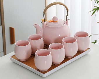 Sakura pink ceramic tea set | Ceramic handle kettle | Tea set | Afternoon tea set | Ladies tea set | Wedding gift | Handmade gift