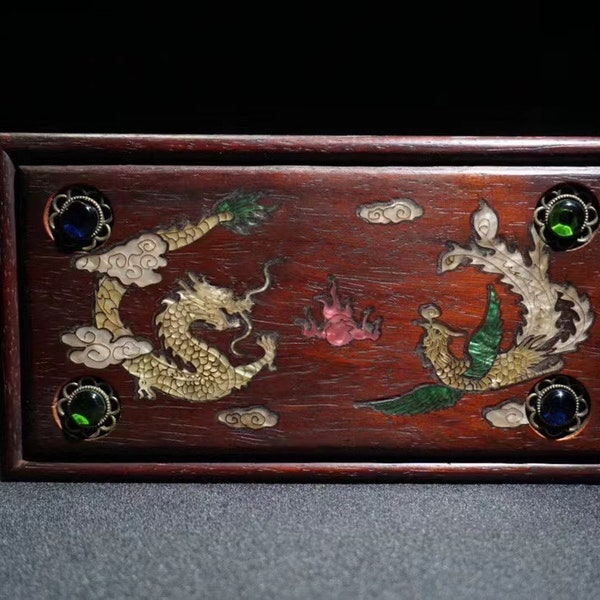 Solid wood drawer box,Inlaid dragon and phoenix patterns Kitchen wall storage box,Creative storage box,Living room coffee table decoration