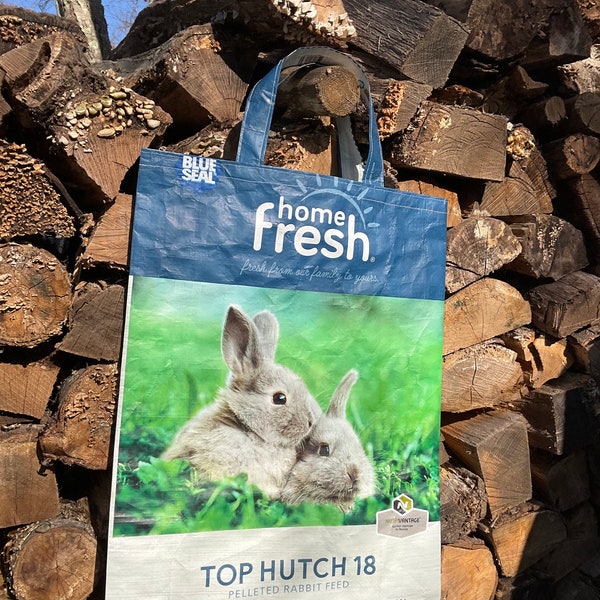 Rabbit, Bunny, Repurposed Reusable Gift Tote Bag:  Blue Seal Home Fresh Top Hutch, Blue