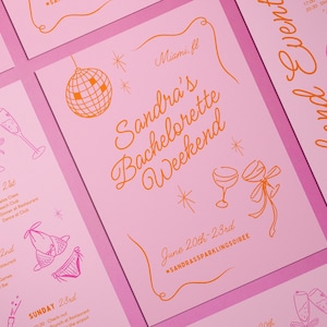 Könnte beinhalten: Eine rosa und orangefarbene Einladung zu einem Junggesellinnenabschied in Miami, Florida. Die Einladung zeigt eine Discokugel, Champagnergläser und eine Schleife. Der Text lautet "Sandra's Bachelorette Weekend" und "June 20th-23rd #SANDRASSPARKLINGSOIREE".