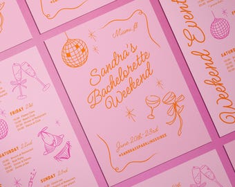 May include: Pink and orange invitation for a bachelorette weekend in Miami, Florida. The invitation features a disco ball, champagne glasses, and a bow. The text reads "Sandra's Bachelorette Weekend" and "June 20th-23rd #SANDRASSPARKLINGSOIREE".