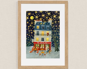Starry Night in Paris / Signed A4 Fine Art Print / Stylized Illustration Print / Wall Decor / Colourful Wall Art / Animals in Paris