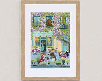 Lunch Under Wisteria / Signed A4 Fine Art Print / Stylized Illustration Print / Wall Decor / Colourful Wall Art / Animals in Paris