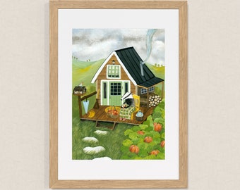 Badger&#39;s Cabin / Signed A4 Fine Art Print / Stylized Illustration Print / Wall Decor / Colourful Wall Art / For Badger Enthusiasts