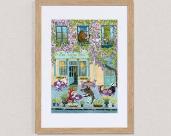 Almuerzo bajo las glicinas / Impresión artística firmada A4 / Impresión con ilustración estilizada / Decoración de pared / Arte mural colorido / Animales en París