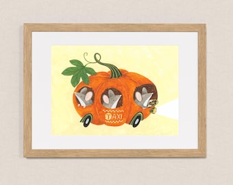 Taxi citrouille / impression d'art A4 signée / impression de souris illustrée mignonne / décoration murale colorée / oeuvre d'art pour chambre d'enfant / pour les amateurs d'automne et de souris