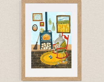 Ratón en casa / Impresión artística firmada A4 / Impresión con ilustración estilizada / Decoración de pared / Arte mural colorido / Para amantes de los ratones