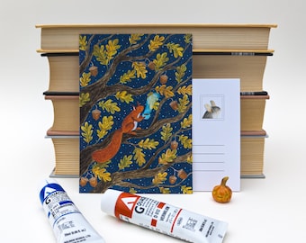 Squirrel in Autumn / Whimsical A6 Watercolor Postcard / Snail Mail / Postcrossing / Fall Stationery / Night Forest / Woodland Critter Art