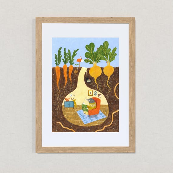 Shrew at Home / Signed A4 Fine Art Print / Cozy Wall Decor / Cute Nursery Art / Woodland Critter / Autumn Art / Vegetable Garden Print