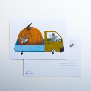 Ratones de calabaza / Postal A6 / Tarjeta colorida y única / Postal de acuarela / Correo postal / Postcrossing / Otoño / Halloween / Ratones y comida