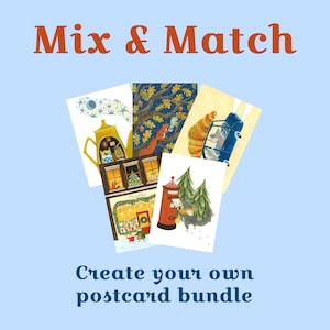 Op de afbeelding: Een verzameling geïllustreerde ansichtkaarten met verschillende ontwerpen, waaronder een theepot, een vos in een boom, een croissant met een muis en een rode brievenbus met een schaap. De tekst "Mix & Match" en "Create your own postcard bundle" is zichtbaar.