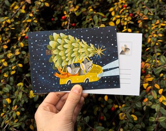 Topi natalizi festivi / Cartolina natalizia stravagante / Biglietto di Natale / Illustrazione invernale accogliente / Posta ordinaria / Postcrossing