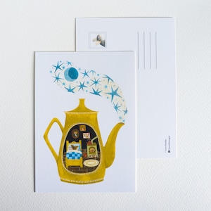 Casita de té / Postal caprichosa en acuarela / Ilustración de ratón / Correo postal / Postcrossing / Papelería de otoño / Arte de animales del bosque